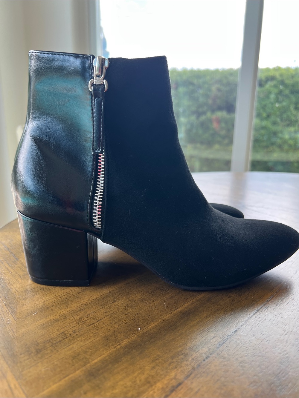 Women's Black Ankle Booties with Side Zip and Block Heel Vegan Suede and Leather